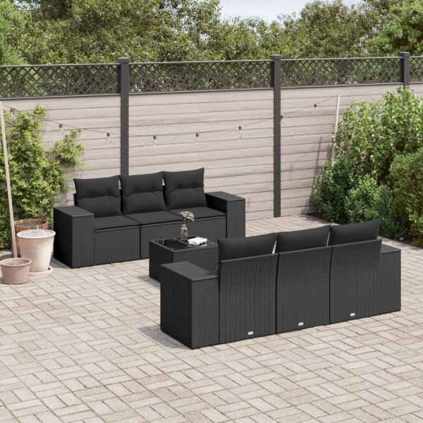 Sofa set with cushions, 7 pieces, black, polyrattan