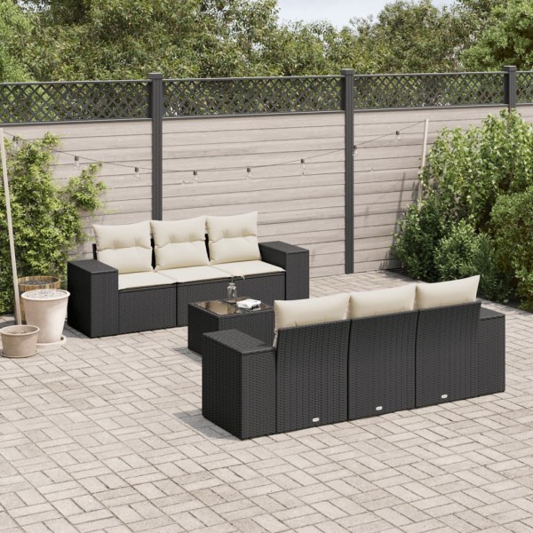 Sofa set with cushions, 7 pieces, black, polyrattan