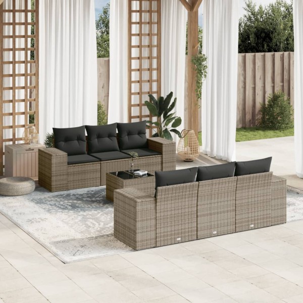 Sofa set with cushions, 7 pieces, gray, polyrattan