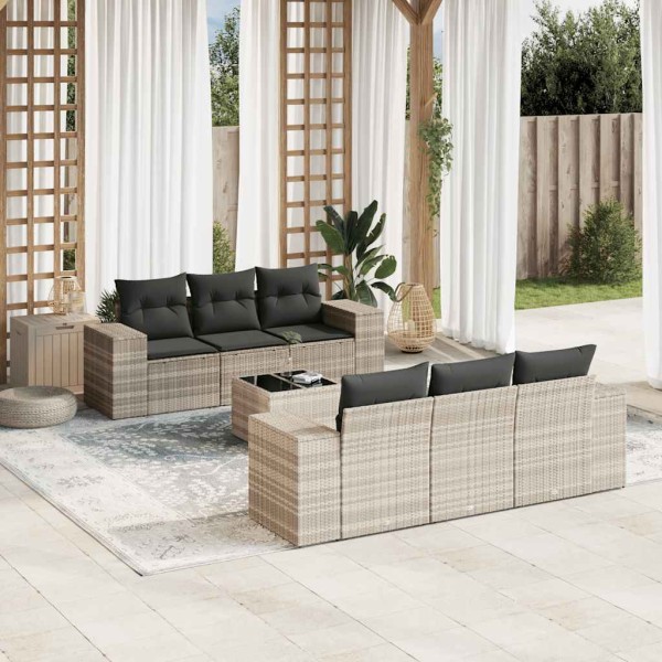 Sofa set with cushions, 7 pieces, gray, polyrattan