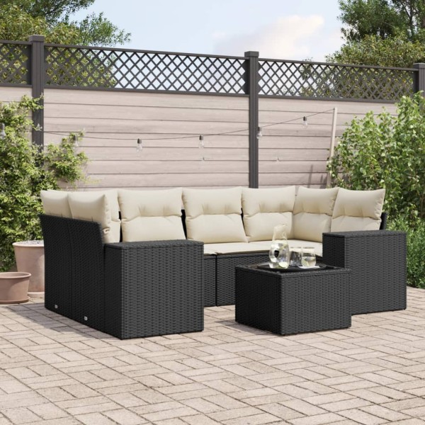 Sofa set with cushions, 7 pieces, black, polyrattan