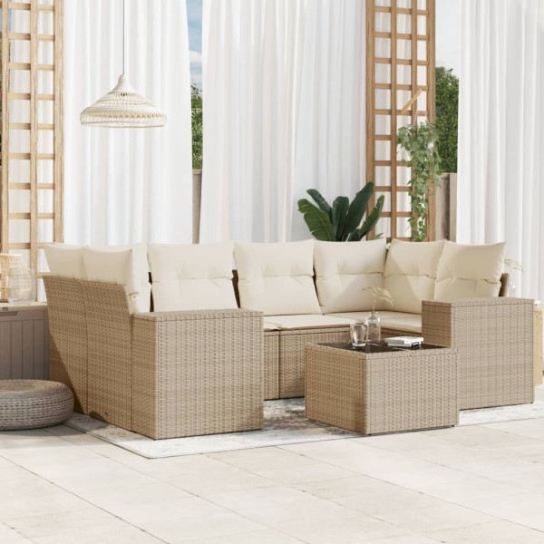 Sofa set with cushions, 7 pieces, sand, polyrattan