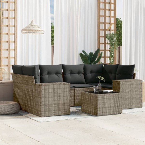 Sofa set with cushions, 7 pieces, gray, polyrattan
