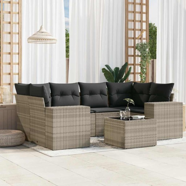 Sofa set with cushions, 7 pieces, gray, polyrattan