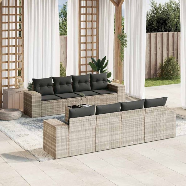 Sofa set with cushions, 9 pieces, gray, polyrattan