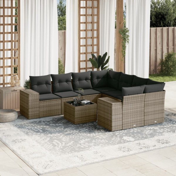 Sofa set with cushions, 9 pieces, gray, polyrattan