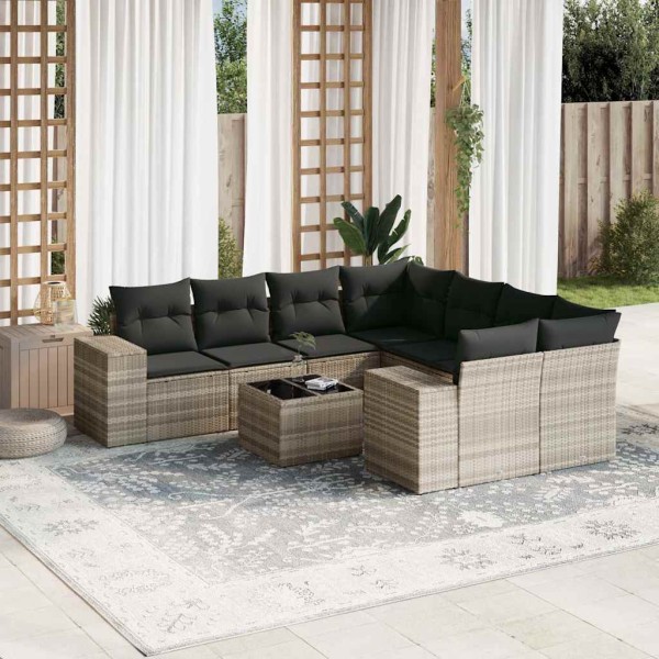 Sofa set with cushions, 9 pieces, gray, polyrattan