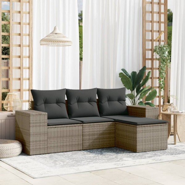 Garden set with cushions, 4 parts, gray, polyrattan