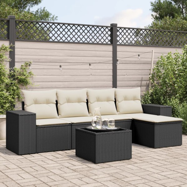 Sofa set with cushions, 6 pieces, black, polyrattan