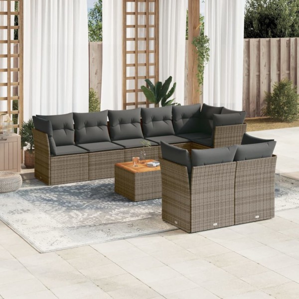 Sofa set with cushions, 9 pieces, gray, polyrattan