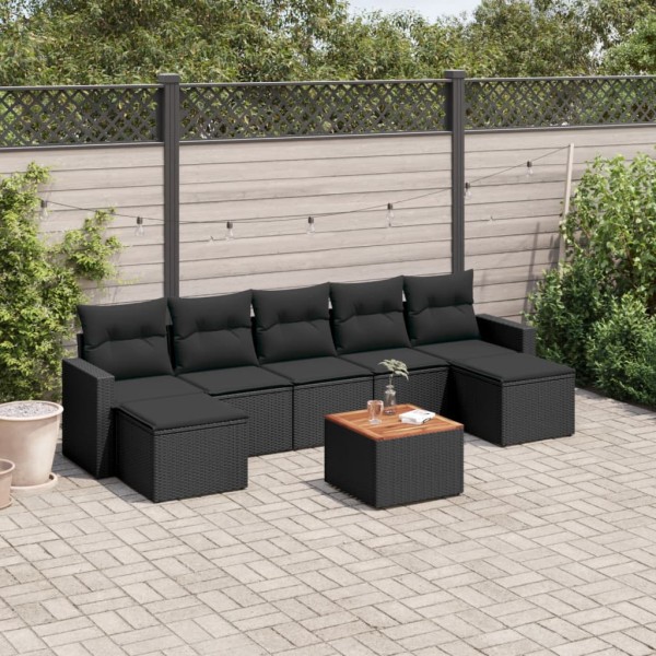 Sofa set with cushions, 8 pieces, black, polyrattan