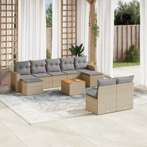 Sofa set with cushions, 10 pieces, sand, polyrattan
