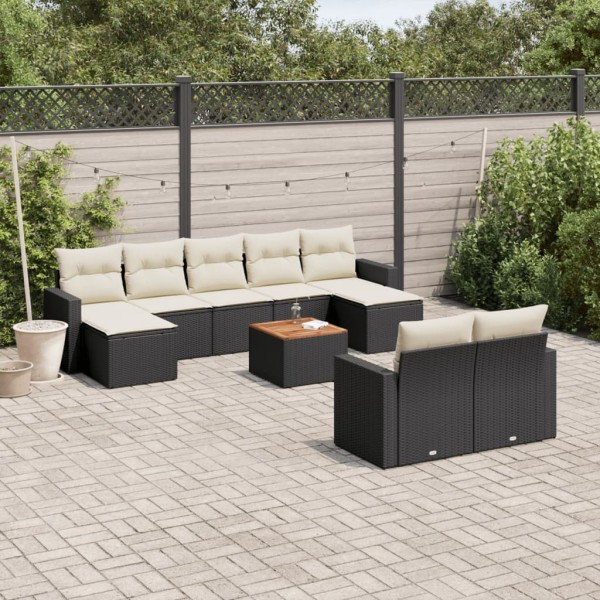Garden set with cushions, 10 pieces, black, polyrattan