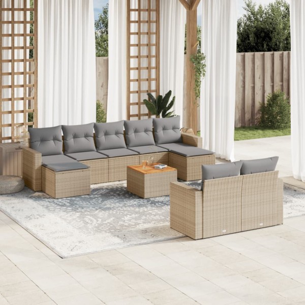 Sofa set with cushions, 10 pieces, sand, polyrattan