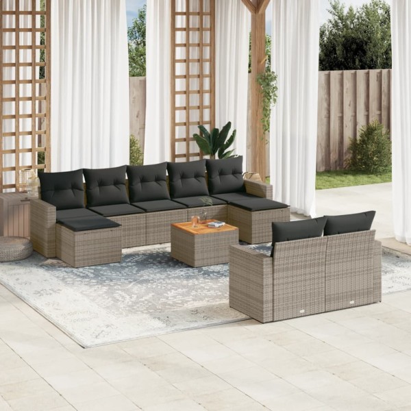 Garden set with cushions, 10 pieces, gray, polyrattan