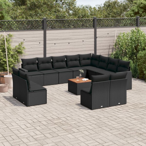 Sofa set with cushions, 13 pieces, black, polyrattan