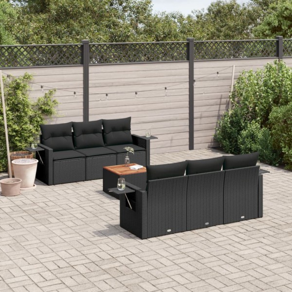 Sofa set with cushions, 7 pieces, black, polyrattan