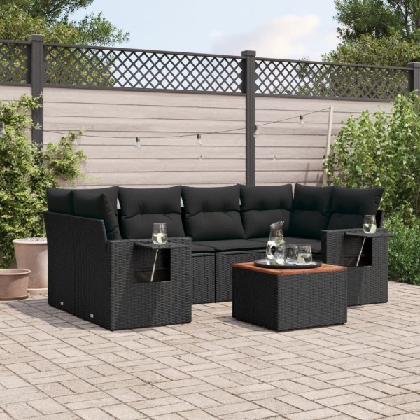 Sofa set with cushions, 7 pieces, black, polyrattan