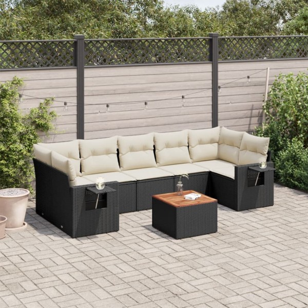 Sofa set with cushions, 8 pieces, black, polyrattan