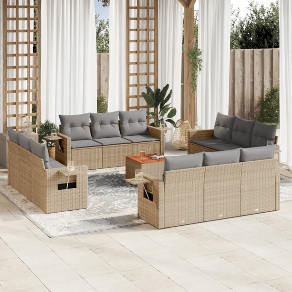 Sofa set with cushions, 13 pieces, sand, polyrattan