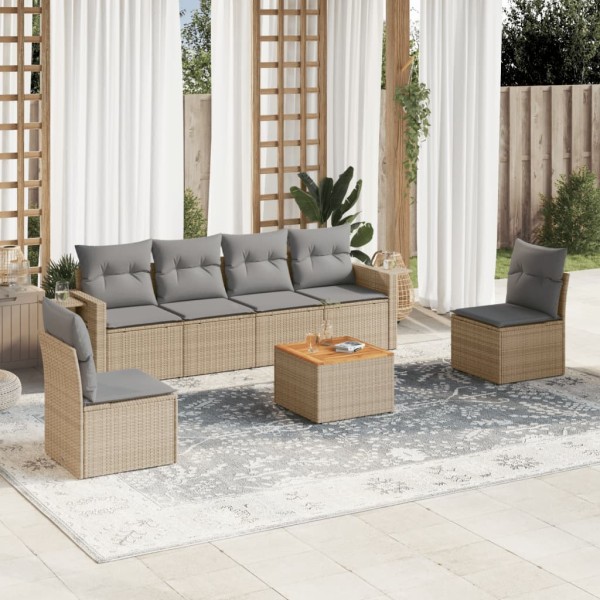 Sofa set with cushions, 7 pieces, sand, polyrattan