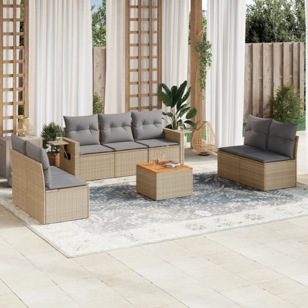 Sofa set with cushions, 8 pieces, sand, polyrattan