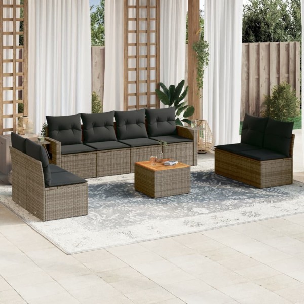 Sofa set with cushions, 9 pieces, gray, polyrattan