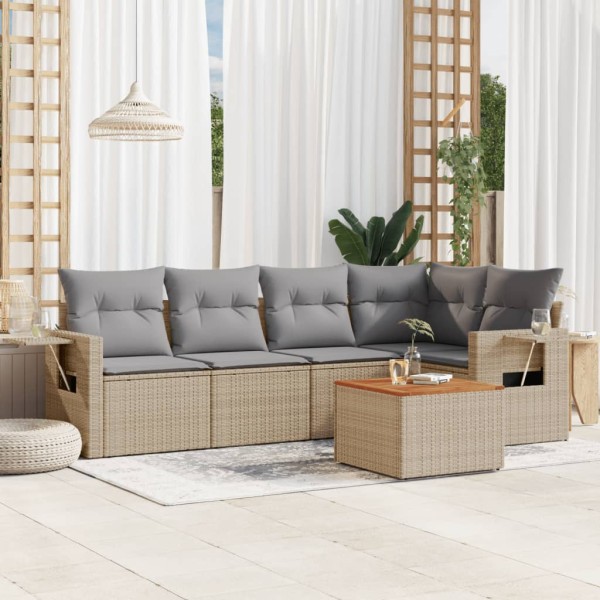 Sofa set with cushions, 6 parts, sand, polyrattan