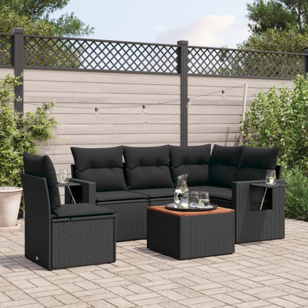 Sofa set with cushions, 6 pieces, black, polyrattan