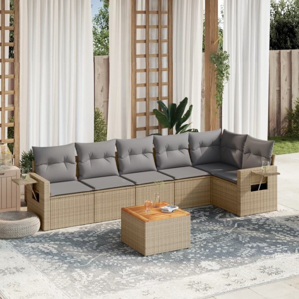 Sofa set with cushions, 7 pieces, sand, polyrattan