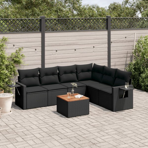 Sofa set with cushions, 7 pieces, black, polyrattan