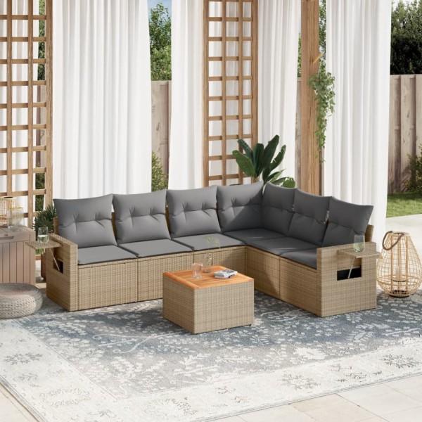 Sofa set with cushions, 7 pieces, sand, polyrattan