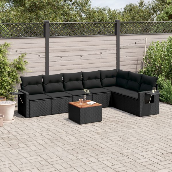 Sofa set with cushions, 8 pieces, black, polyrattan