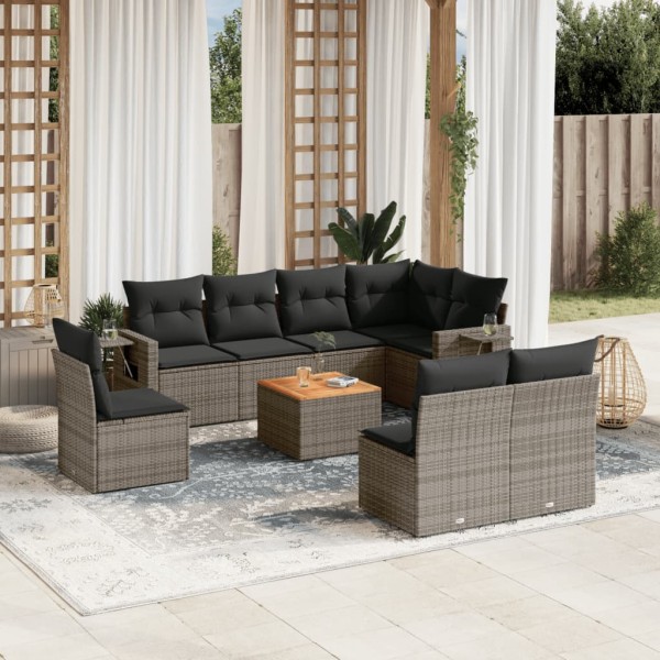 Sofa set with cushions, 9 pieces, gray, polyrattan
