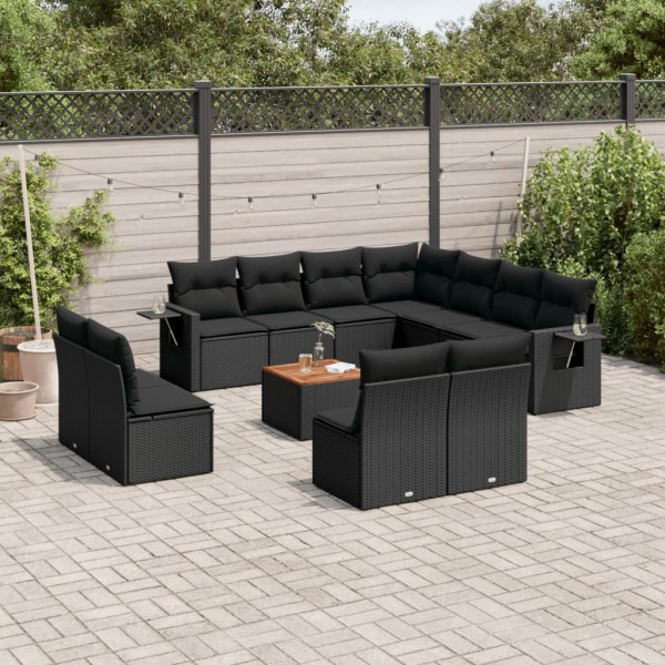 Sofa set with cushions, 12 pieces, black, polyrattan