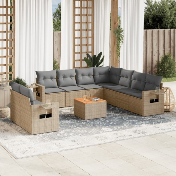 Sofa set with cushions, 10 pieces, sand, polyrattan