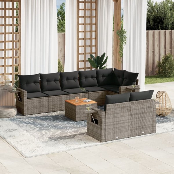Sofa set with cushions, 9 pieces, gray, polyrattan