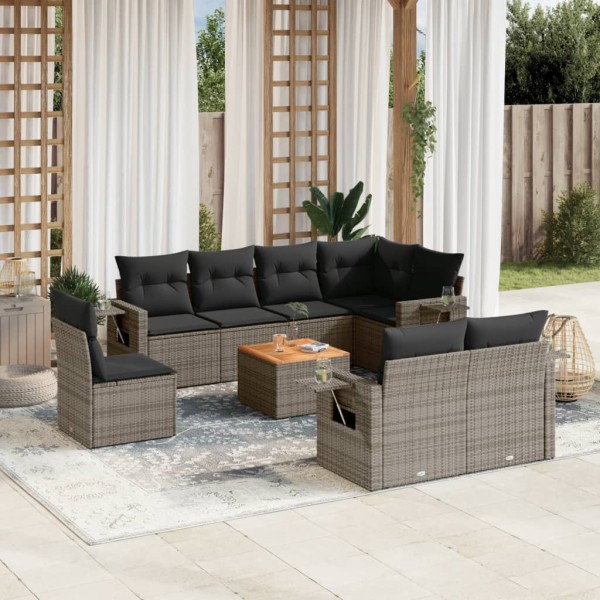 Sofa set with cushions, 9 pieces, gray, polyrattan