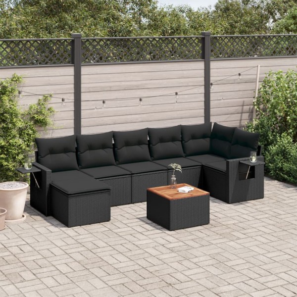 Sofa set with cushions, 8 pieces, black, polyrattan
