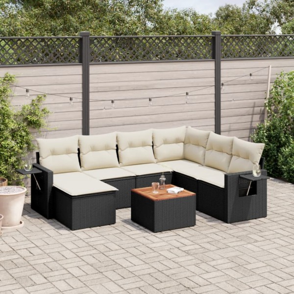 Sofa set with cushions, 8 pieces, black, polyrattan