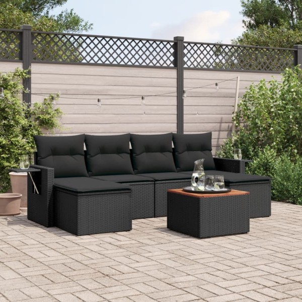 Sofa set with cushions, 7 pieces, black, polyrattan