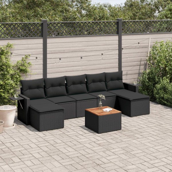Sofa set with cushions, 8 pieces, black, polyrattan