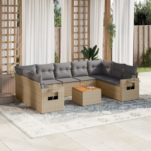 Sofa set with cushions, 10 pieces, sand, polyrattan