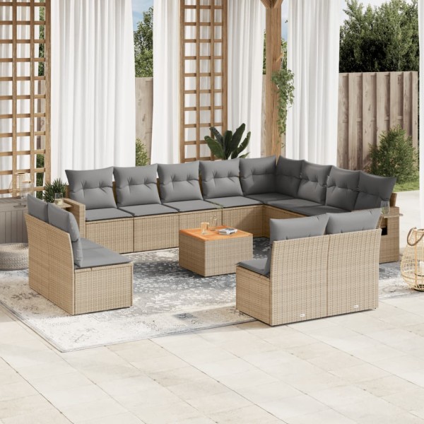 Sofa set with cushions, 13 pieces, sand, polyrattan