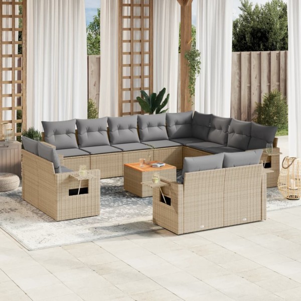 Sofa set with cushions, 13 pieces, sand, polyrattan
