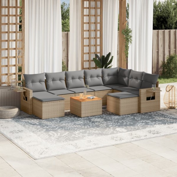 Sofa set with cushions, 10 pieces, sand, polyrattan
