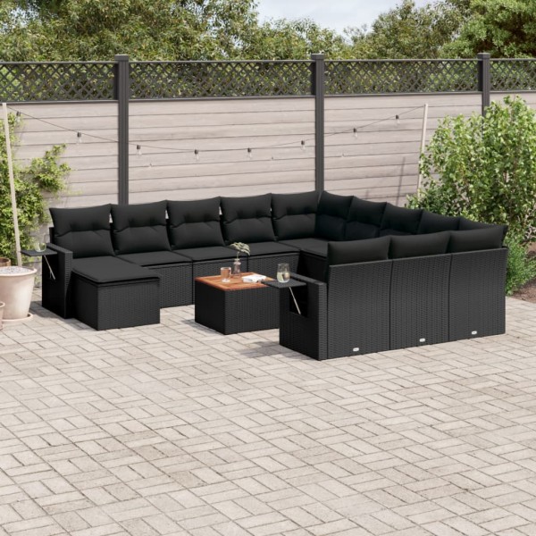 Sofa set with cushions, 13 pieces, black, polyrattan