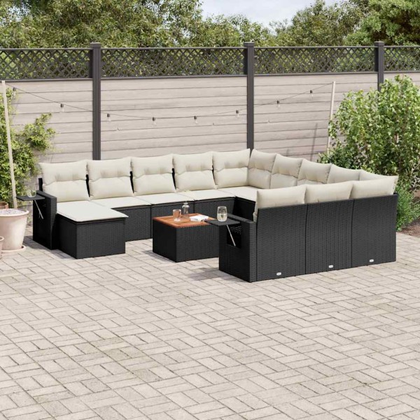 Sofa set with cushions, 13 pieces, black, polyrattan