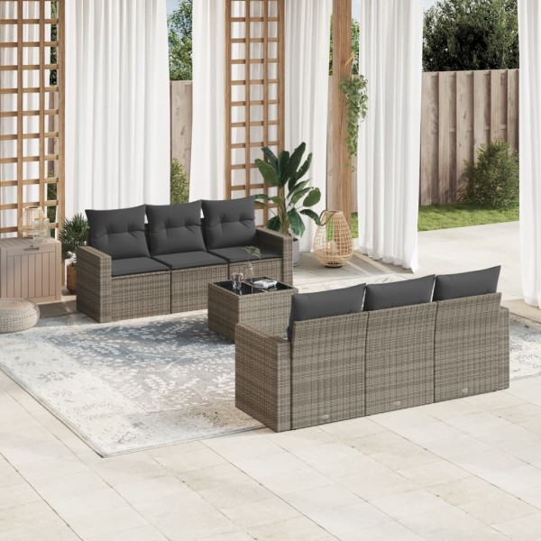 Sofa set with cushions, 7 pieces, gray, polyrattan
