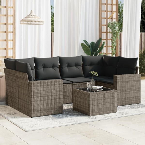 Sofa set with cushions, 7 pieces, gray, polyrattan